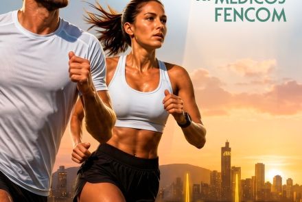 Foto de capa para a corrida dos Médicos Fencom contendo na ilustração dois atletas correndo, data e local para a corrida 