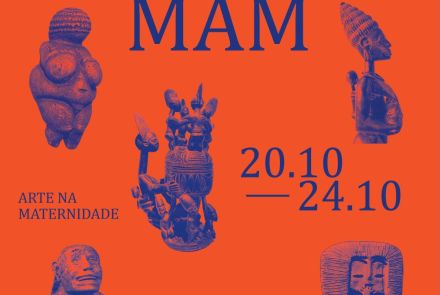 Foto de capa para a exposição "MAM" na Funarte nos dias 20 a 24 de Outubro. Plano de fundo laranja com elementos da exposição na cor azul 
