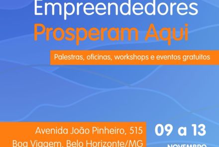 Foto descritiva com fundo azul e letras em branco e laranja contento a data para o evento e endereço 