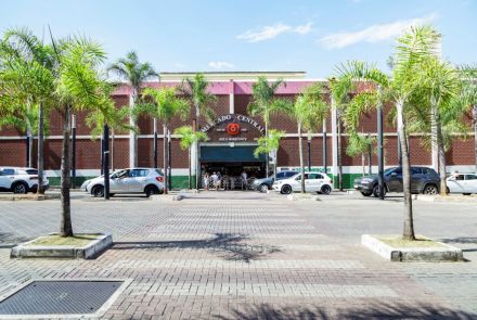 A fachada da entrada principal do Mercado Central. O edifício é feito de tijolos marrons, com um toldo e uma faixa vermelha. Na frente, há uma calçada e um estacionamento de pedras claras, com uma fileira de palmeiras. Carros estão estacionados, e o céu está azul com algumas nuvens.