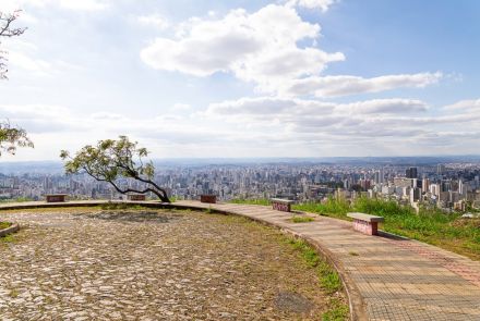 Vista panorâmica da cidade de Belo Horizonte, tirada de um mirante. No primeiro plano, há um pátio de pedras claras e uma calçada curva com bancos. Uma árvore de tronco curvado se estende sobre o pátio. A vasta área urbana, com edifícios e casas, se perde no horizonte. O céu é azul com nuvens brancas e esparsas.