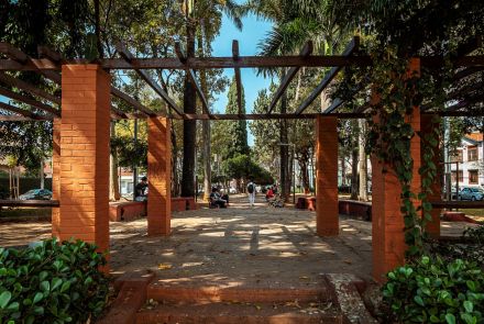Caminho interno estreito de terra compactada, com meio-fio baixo dos dois lados. Postes de luz e árvores altas margeiam a via. Gramado à esquerda. Ao fundo, casas e carros na rua. Sombras das copas no piso.