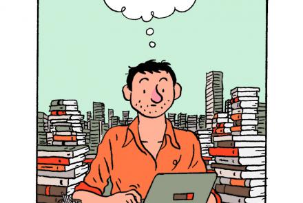 Ilustração de um homem escrevendo num computador, com vários livros empilhados em cima de várias mesas ao fundo. O homem tem cabelo liso preto e veste blusa social laranja. Acima dele um balão de pensamento em branco.